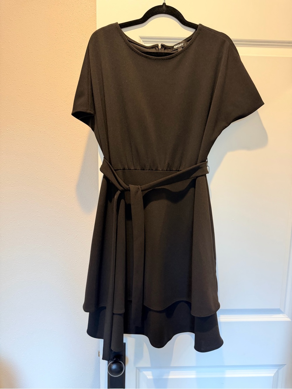 DKNY Black Short-Sleeve Belted A-Line Dress
